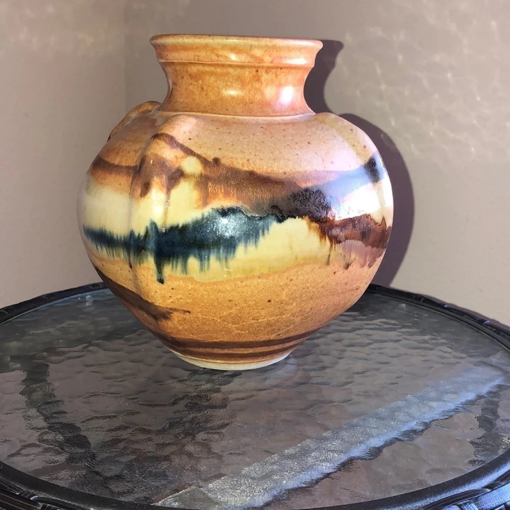COPY - Glazed Vase Tan brown blue colors Made in 93/95’